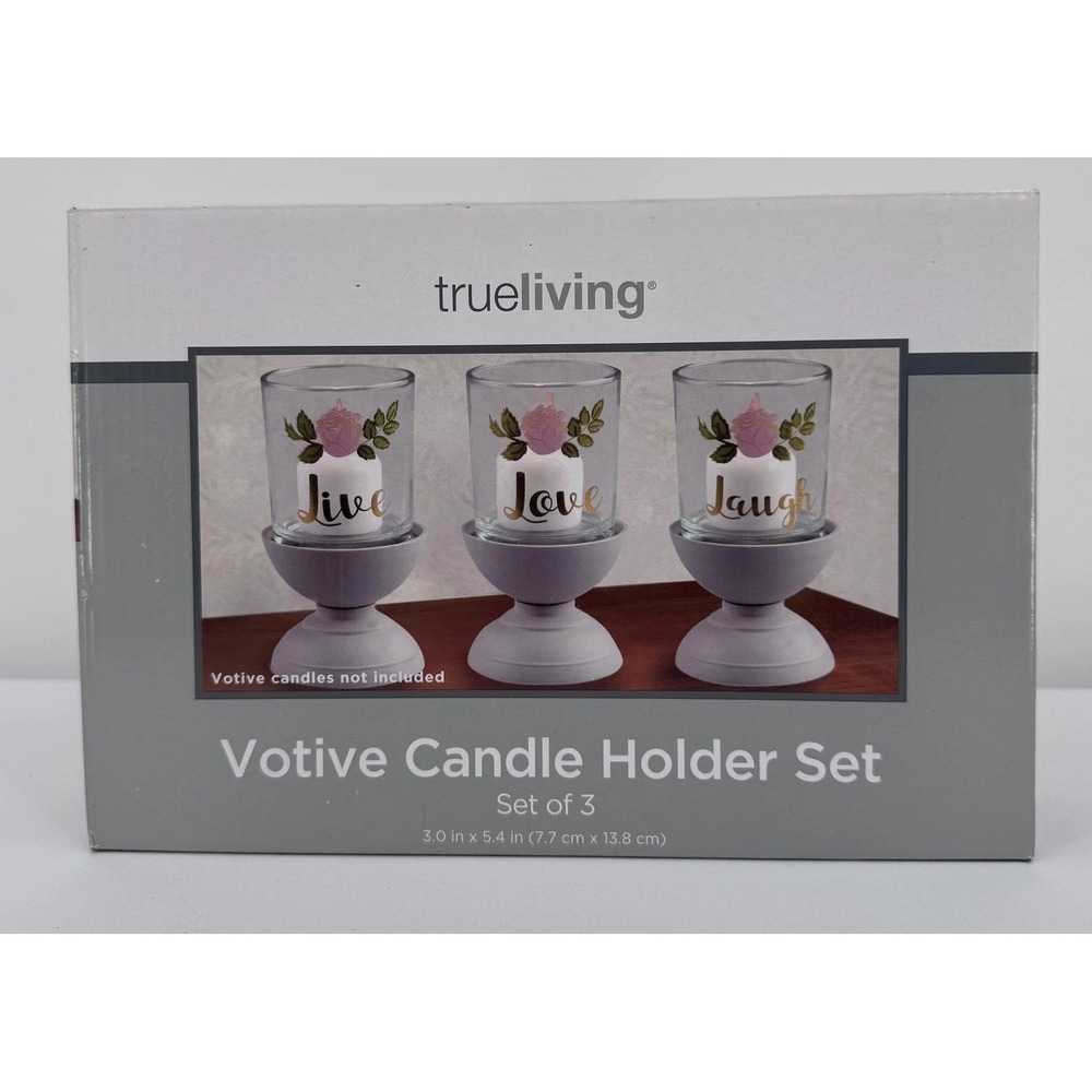 True Living Votive Candle Holder Set Live Love Laugh 3pc Gray Glass Floral